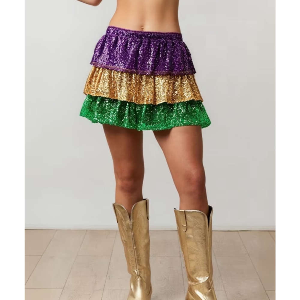 Mardi Gras Purple, Green and Gold Layered Ruffle Sequin Skirt
